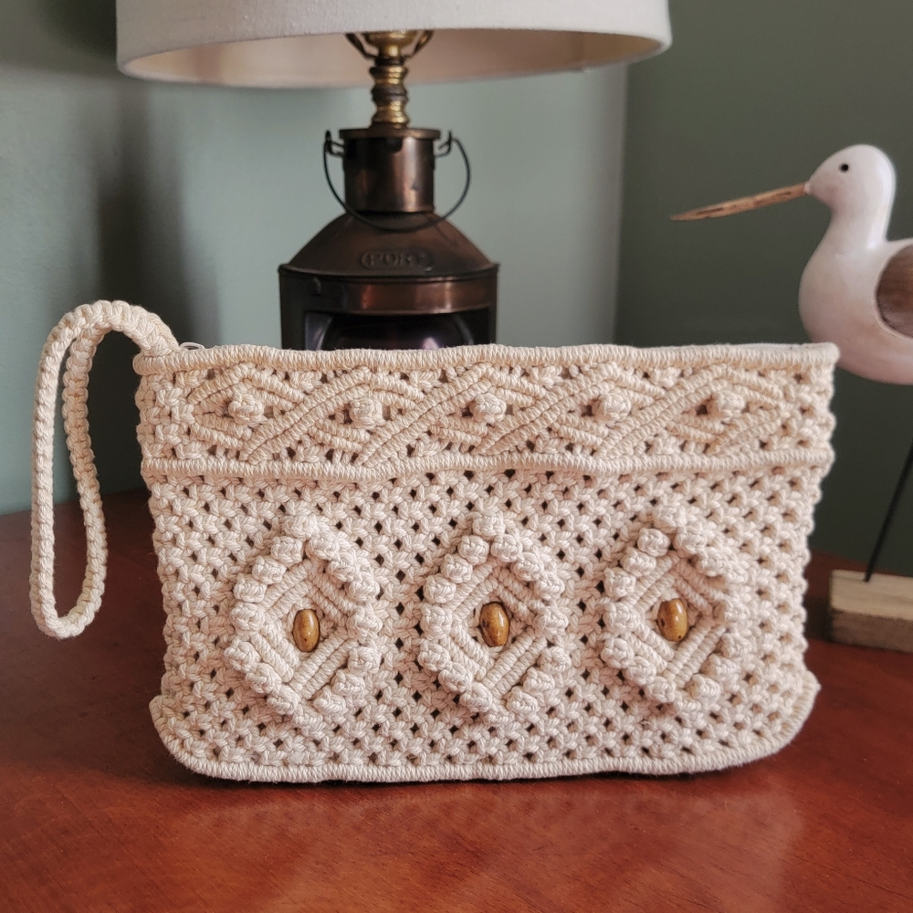 Vintage Cream Macrame Wood Bead Wristlet Clutch Bag Boho